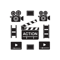 Cinema line and flat icons. Camera, film, clapper board, reel, player icon. Vector