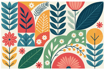 
Abstract botanical collage with colorful hand-drawn flowers and leaves seamless vector floral pattern in modern minimalist style, Vector modern graphic illustration of colorful flowers and leaves

