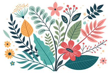 
Abstract botanical collage with colorful hand-drawn flowers and leaves seamless vector floral pattern in modern minimalist style, Vector modern graphic illustration of colorful flowers and leaves


