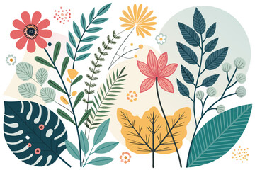 
Abstract botanical collage with colorful hand-drawn flowers and leaves seamless vector floral pattern in modern minimalist style, Vector modern graphic illustration of colorful flowers and leaves

