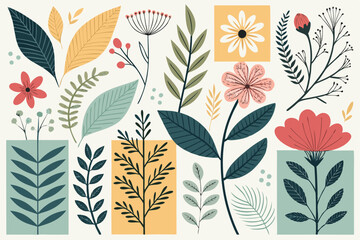 
Abstract botanical collage with colorful hand-drawn flowers and leaves seamless vector floral pattern in modern minimalist style, Vector modern graphic illustration of colorful flowers and leaves

