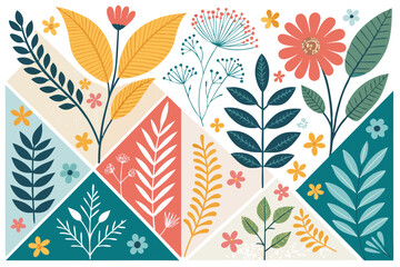 
Abstract botanical collage with colorful hand-drawn flowers and leaves seamless vector floral pattern in modern minimalist style, Vector modern graphic illustration of colorful flowers and leaves

