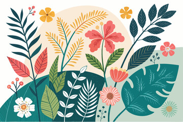 
Abstract botanical collage with colorful hand-drawn flowers and leaves seamless vector floral pattern in modern minimalist style, Vector modern graphic illustration of colorful flowers and leaves

