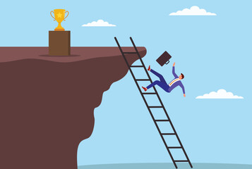 Vector illustration of a businessman falling from a ladder while climbing to the top of a mountain, symbolizing setbacks, risk, and challenges on the path to success
