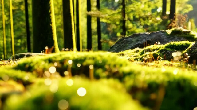 Intricate moss detail with spore capsules glistening in the sunlight, creating a miniature green landscape with shallow depth of field.