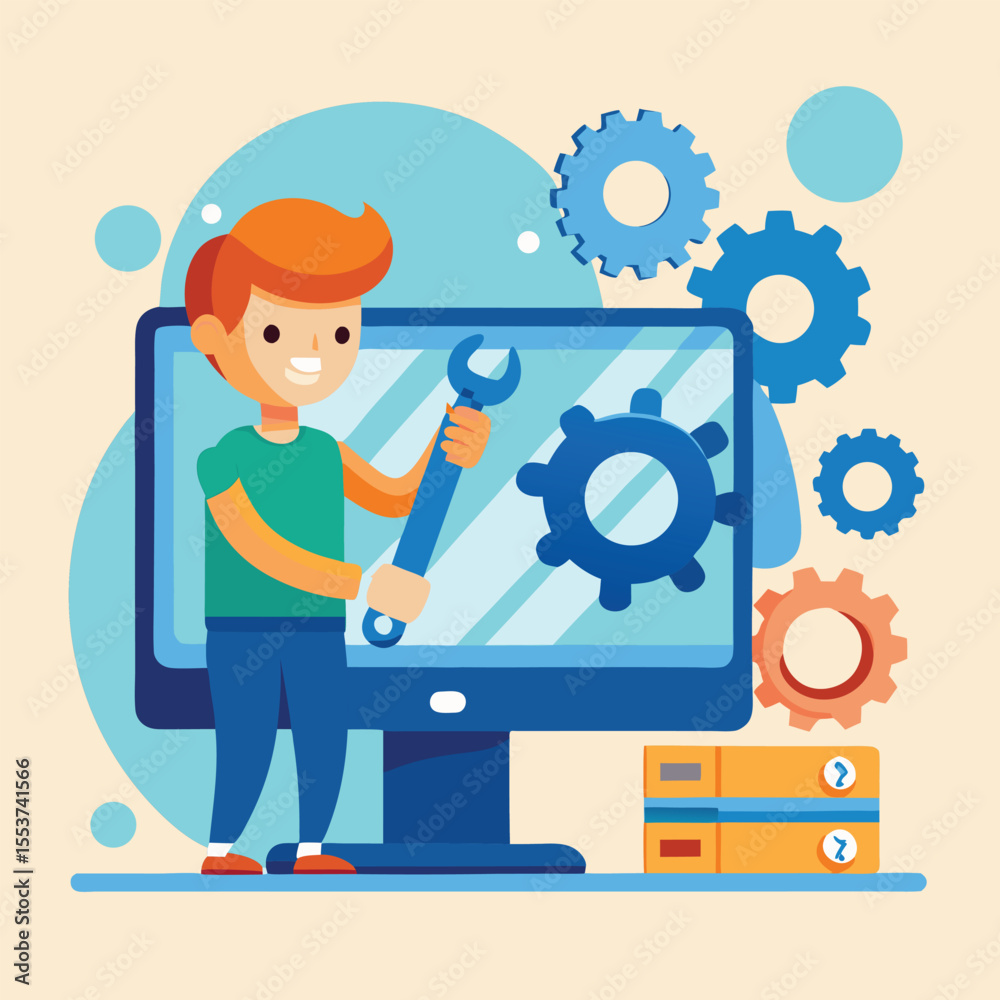 Poster computer technician repairs computer screen in a modern workspace with gears and tools present in a 
