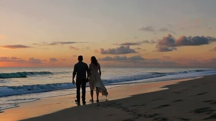 A couple's romantic sunset stroll on the beach, their silhouettes cast against the vibrant sky and calm ocean - Powered by Adobe