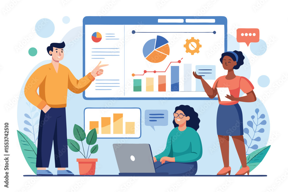 Poster Online business analytics concept showcasing teamwork and data analysis in a modern office environment with charts and graphs on display for effective decision-making
