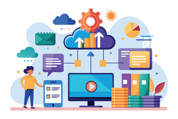 Fototapeta premium Managing data downloads and installations in a digital environment with cloud integration and user interface visualization