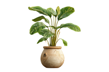 PNG Lush green plant in round rustic pot against black background