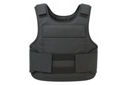 Tactical black body armor displaying protective design, shielding wearer from potential ballistic threats - Powered by Adobe