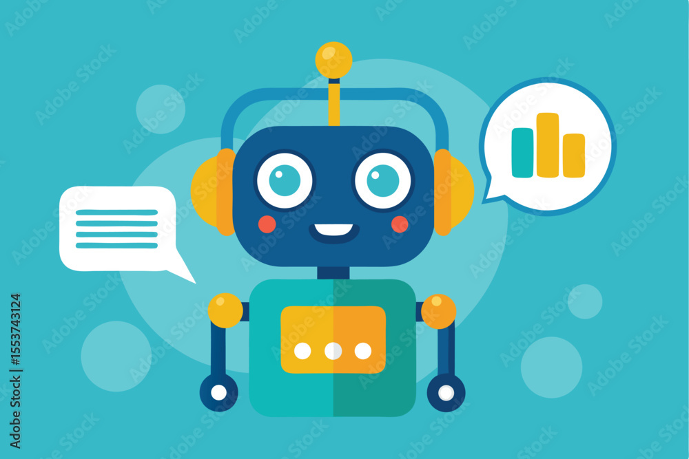 Poster smart robot chatbot engages in conversation while displaying data analysis in a vibrant flat illustr