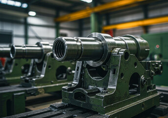 Metal shaft on a heavy machine tool in a factory setting. Industrial manufacturing process. Precision engineering component.