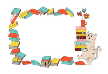 Cartoon cat with books. A stack of books, a mug with a bouquet of flowers. Banner, frame with space for text. Love of reading, literature and learning. Work in the library. Knowledge Day.