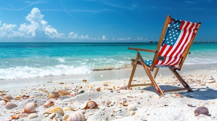 Patriotic Beach Chair, Seashells, Ocean View: Summer Vacation Idyll