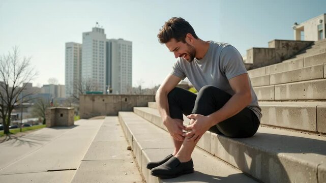 Young man wincing while touching his swollen ankle outdoors in spring  