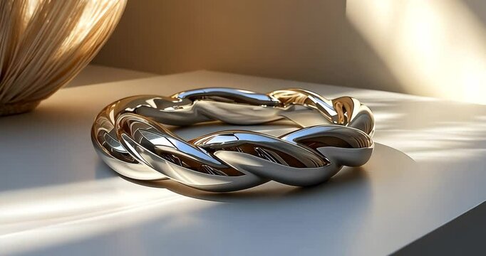 A silver braided ring showcased on a white surface, illuminated by natural light.