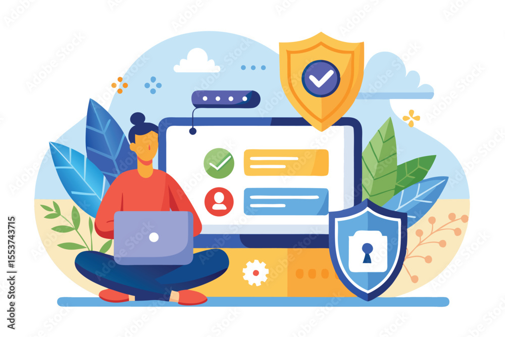 Poster illustrating secure access data protection in cybersecurity with an individual managing passwords on