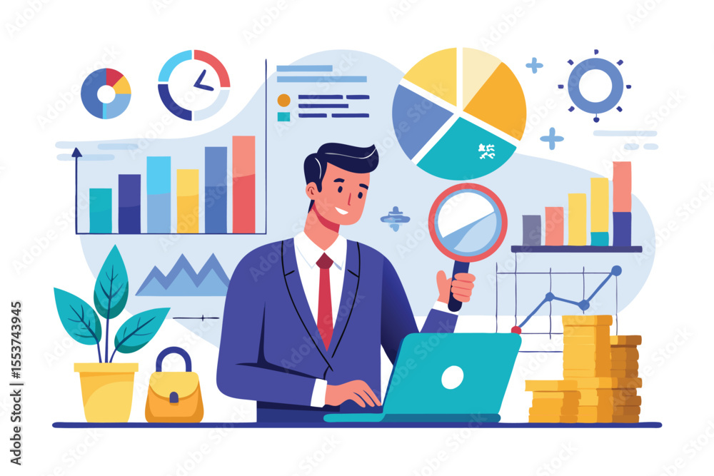 Poster businessman analyzing various charts and graphs while working on a laptop, showcasing data insights 