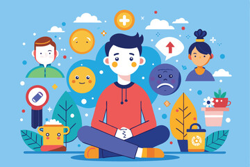 Exploring emotional states and resilience through vector illustration, showcasing various feelings and symbols of mental well-being in a vibrant and engaging design