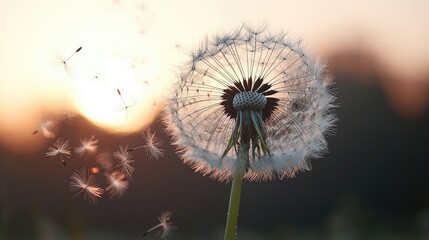 Naklejka premium Dandelion seeds floating in the sunset light.