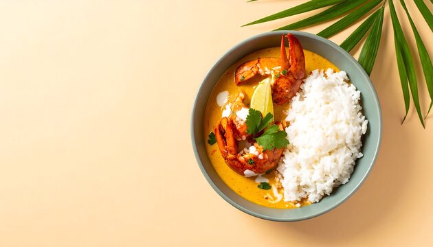 Thai Lobster Curry In A Matte Bowl Served With Rice And Green Leaves - Powered by Adobe