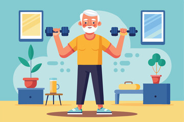 Senior man exercises with dumbbells in a bright home gym, focusing on strength training and fitness at any age for a healthier lifestyle