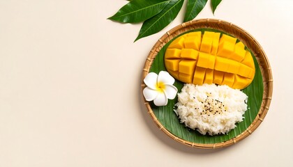 Thai Mango Sticky Rice On Bamboo Plate With Tropical Leaves And Flower Top View