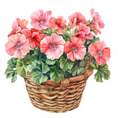 A Geranium Flower Basket, watercolor vector, isolated on a white background.