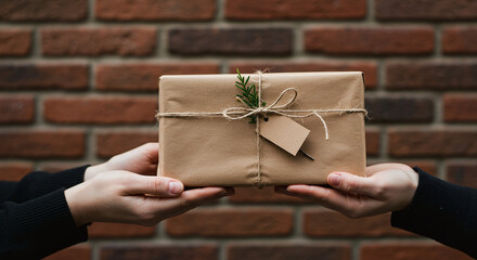 Gift Giving: Hands Presenting Wrapped Package Against Brick Wall