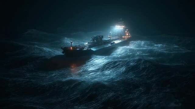 Large cargo ship is sailing through rough seas at night, navigating through the dark and turbulent waters with its lights illuminating the scene