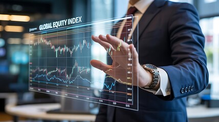 stock, market, finance, global, equity, index, hologram, futuristic, technology, business, investment, trading, data, analysis, chart, graph, digital, interface, businessman, suit, hand, touchscreen, 