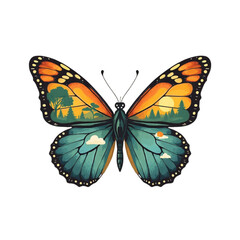 Fototapeta premium Colorful butterfly illustration with nature scenery and sunset 