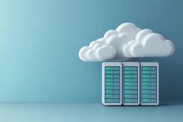 Cloud computing concept featuring a white cloud and blue backdrop with data servers representing online storage solutions