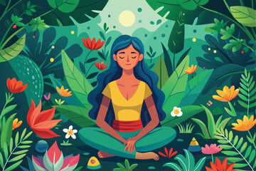 Illustration of woman meditating peacefully amidst lush green foliage in an enchanting garden at dawn, surrounded by vibrant flowers and tranquil nature