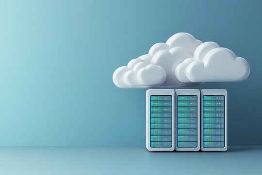 Cloud computing concept featuring a white cloud and blue backdrop with data servers representing online storage solutions
