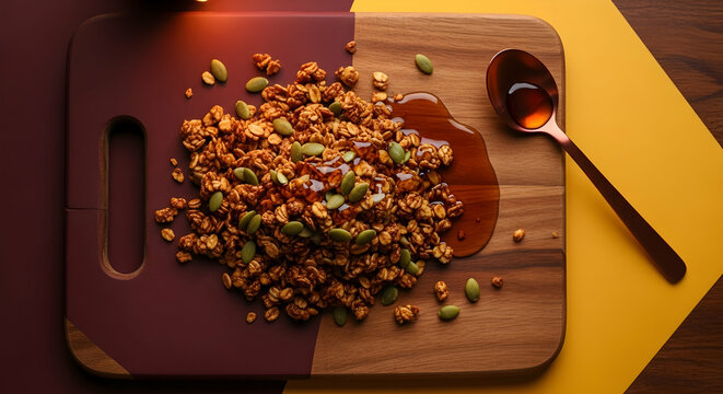 Delicious homemade granola with pumpkin seeds and maple syrup on cutting board