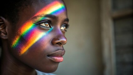 Young Black woman, profile view, rainbow light painting, hopeful expression, artistic portrait.