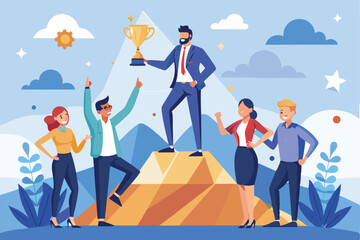 Fototapeta premium Professional team celebrating success at a business summit, showcasing teamwork and achievement in an animated setting with a trophy
