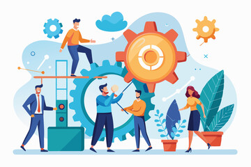 Business leader engages team to insert gear into large cog during innovative brainstorming session in a modern office setting