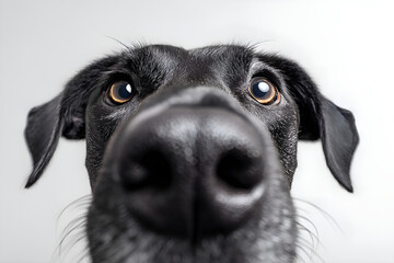 Curious black labrador showing big nose and eyes in close up