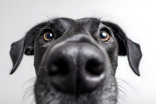 Curious black labrador showing big nose and eyes in close up