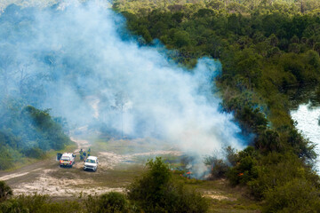 Brush fire rages through parched forest in Florida during dry season, as firefighters contain thick...