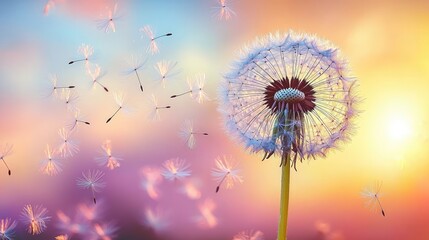 Naklejka premium Delicate dandelion seeds drifting in a pastel sunset.