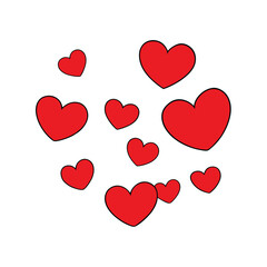 a scattered pattern of red hearts of various sizes