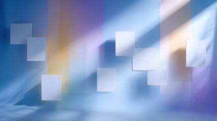 Fototapeta premium Abstract composition featuring floating blank frames against a soft gradient background with gentle light rays, creating a serene atmosphere ideal for showcasing design concepts or artistic 