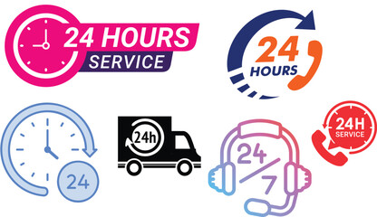 24 hours service icon, 24 7 support, customer service icon, 24h delivery, round the clock service, hotline icon, support call icon, clock icon, headset icon, 24h service logo, delivery van icon, 24 ho