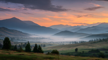 Obraz premium Colorful sunrise over misty mountains and valleys in tranquil landscape