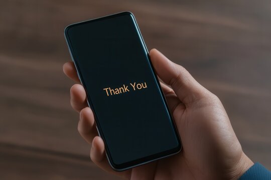 Holding a smartphone displaying a glowing thank you message that expresses gratitude in digital communication