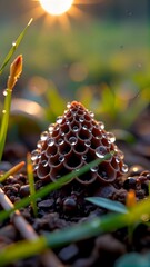 A macro photograph capturing an intricate anthill at dawn, dew drops shimmering on the surface, showcasing nature's tiny architecture.